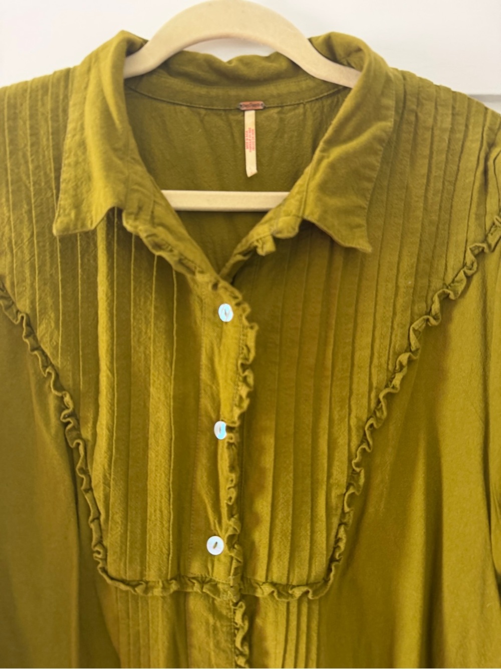 Free People Olive Green Ruffle Pintuck Button-Down Blouse - Picture 2 of 3